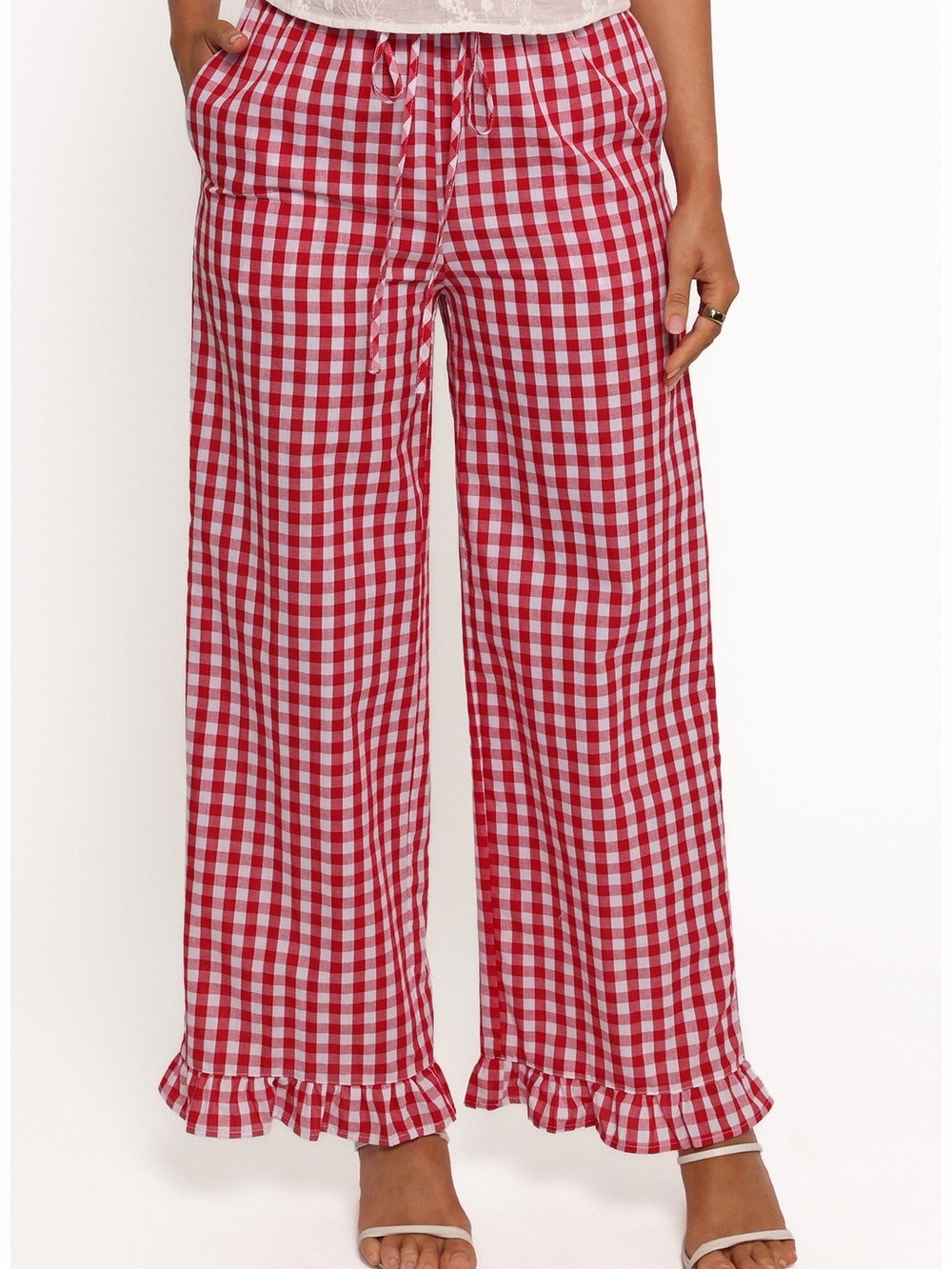 Red White Gingham Ruffle Hem Wide Leg Pants Cotton Cottagecore Picnic Boho